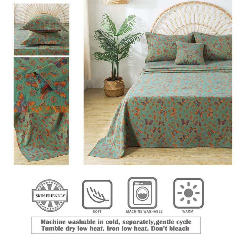 FADFAY Butterfly Sheets Set King Vintage Green Red Floral Bedding Shabby Farmhouse Bedding Super Soft Washed Double -Layer Muslin Sheets 100% Cotton Deep Pocket Fitted Sheet 4Pcs, King Size - Image 4