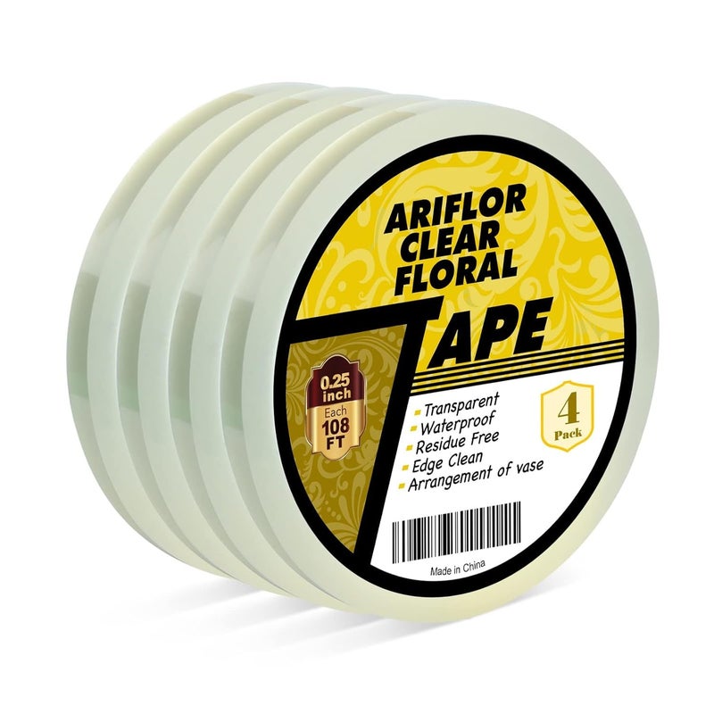 ARIFLOR 4Packs Clear Floral Tape - 1/4 inches Wide Floral Vase Tape, Clear Waterproof Floral Tape for Fresh Flower Bouquets and Flower Arrangements Crafts (0.25inch*4Packs), 0.25inch*4Pack - Image 1