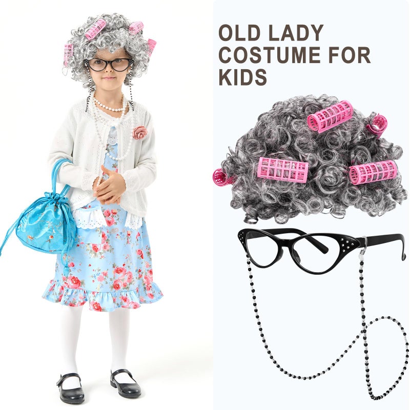 MGparty 100th Day of School Costume for Girls, Old Lady Costume for Kids, Grandma Cosplay Dress Up (8-10 Years) - Image 5