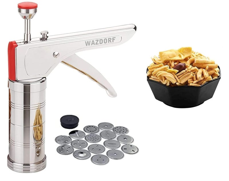 Wazdorf Wazdorf Stainless Steel Kitchen Press with 15 Different Types of Jalies Murukku MakerBhujiya MakerNoodlesCookiesNamkeenChakali MakerSev MakerFarsan MakerGathiya Maker  - Image 1