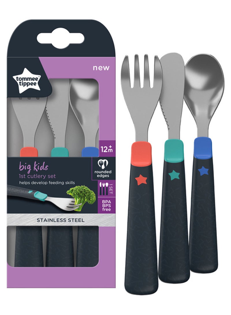 tommee tippee Pack Of 3 Big Kids Stainless Steel First Cutlery Set Rounded Edges Chunky Handles 12 Months+, Multicolour - Image 1