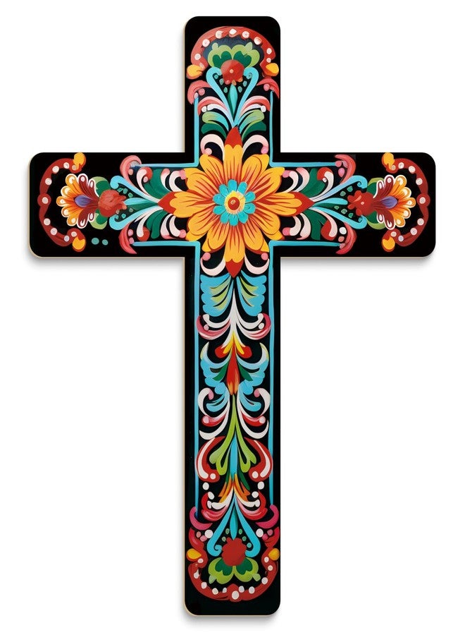 Putuo Decor Floral Cross Wall Decor Hand Painted Decorative Wooden Inspirational Cross Spanish Style Wall Cross Decor Mexican Art Wall Decor Crucifix for Home Room Church Decoration - Image 1