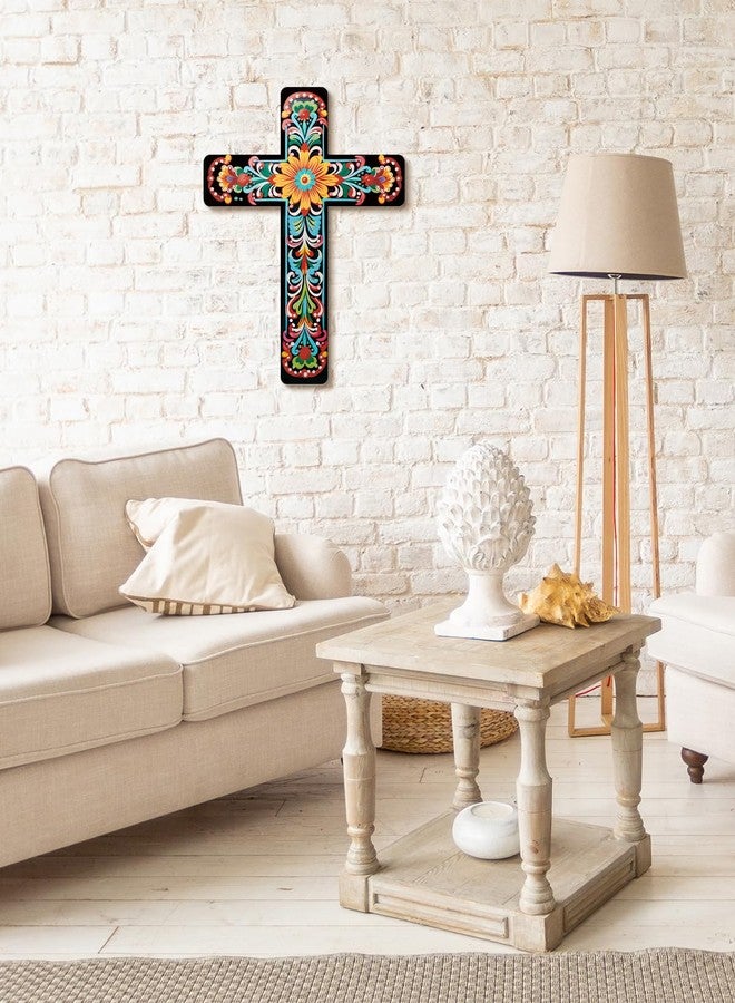 Putuo Decor Floral Cross Wall Decor Hand Painted Decorative Wooden Inspirational Cross Spanish Style Wall Cross Decor Mexican Art Wall Decor Crucifix for Home Room Church Decoration - Image 4