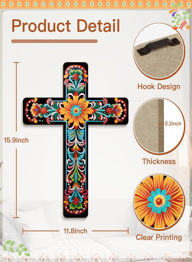 Putuo Decor Floral Cross Wall Decor Hand Painted Decorative Wooden Inspirational Cross Spanish Style Wall Cross Decor Mexican Art Wall Decor Crucifix for Home Room Church Decoration - Image 2