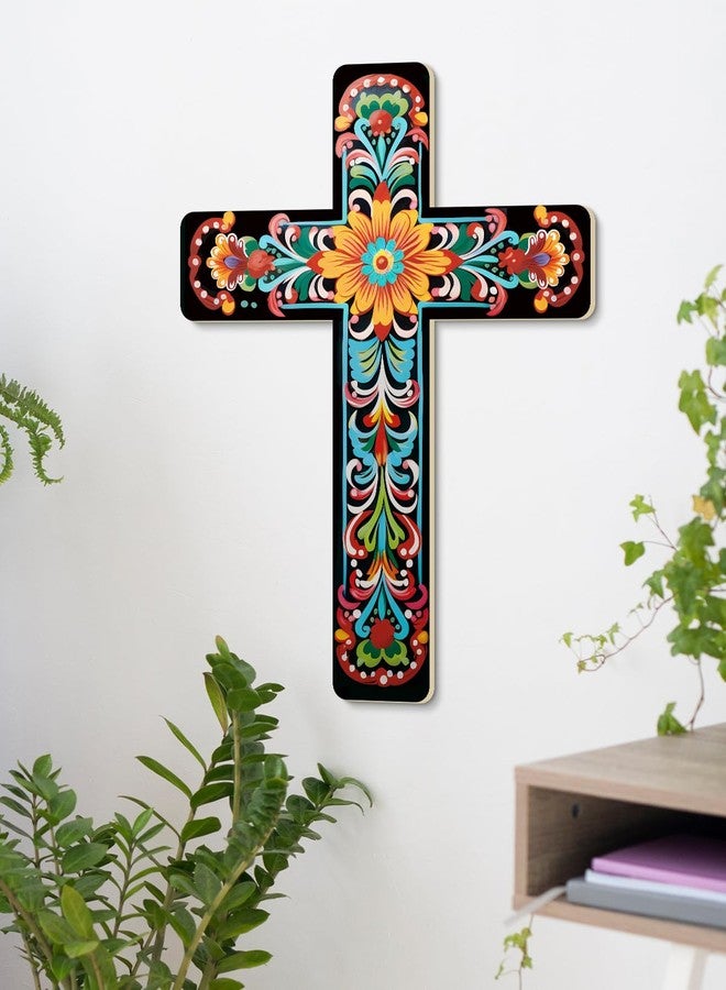 Putuo Decor Floral Cross Wall Decor Hand Painted Decorative Wooden Inspirational Cross Spanish Style Wall Cross Decor Mexican Art Wall Decor Crucifix for Home Room Church Decoration - Image 5