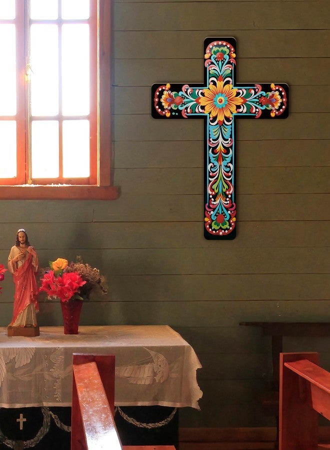 Putuo Decor Floral Cross Wall Decor Hand Painted Decorative Wooden Inspirational Cross Spanish Style Wall Cross Decor Mexican Art Wall Decor Crucifix for Home Room Church Decoration - Image 3