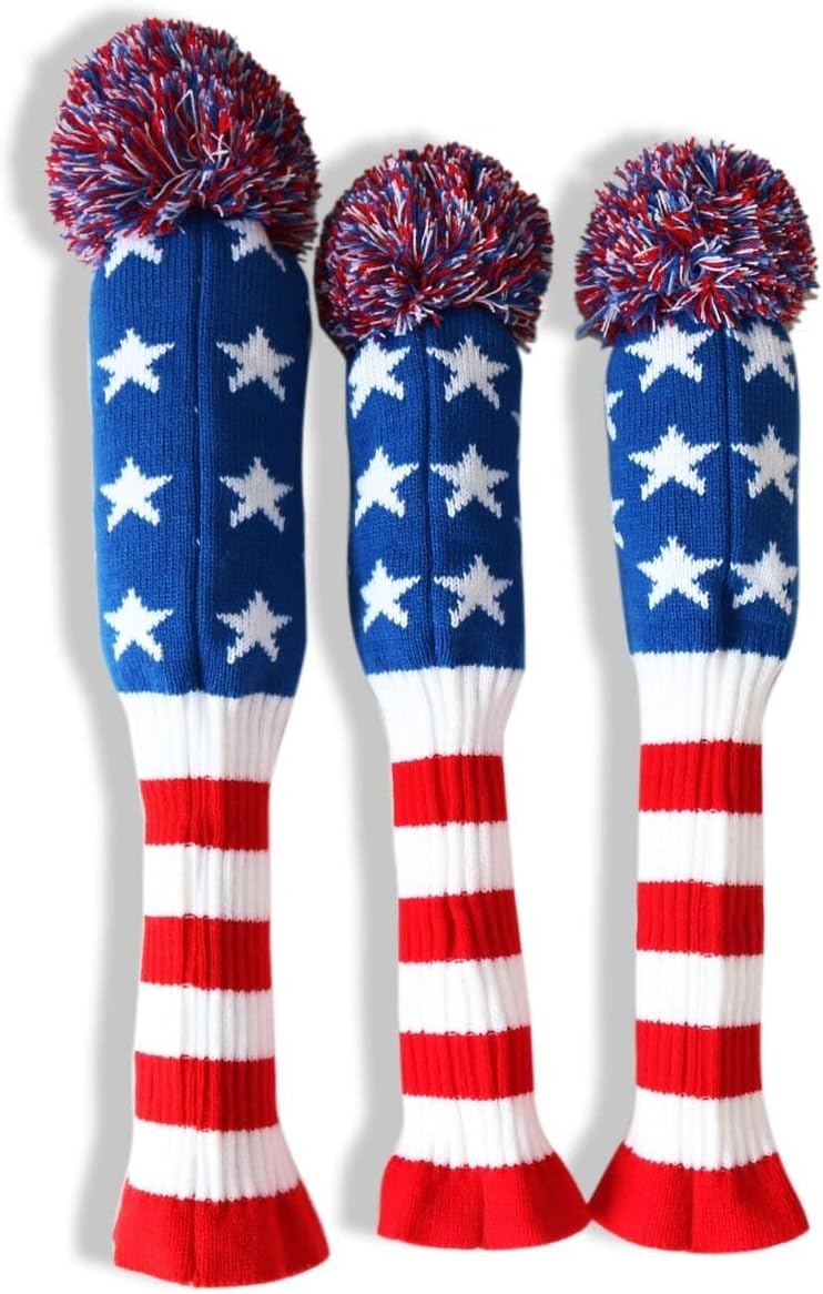 SEACLOUD 3pcs Knitted Golf Club Head Covers for Driver and Fairway Woods Headcovers Set (Argyle/Stars and Stripes Pattern) - Image 1