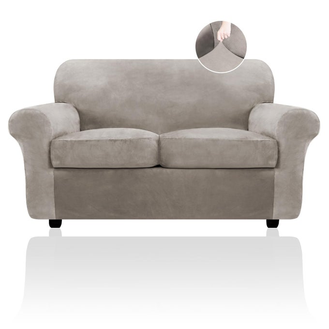 VELVET SOFA COVERS FOR 2 CUSHION COUCH SOFA SLIPCOVERS FOR 2 SEAT CUSHION COUCH STRETCH LOVE SEAT COUCH COVERS 3 PIECE COUCH COVER THICK FURNITURE COVERS FOR DOGS PETS TAUPE