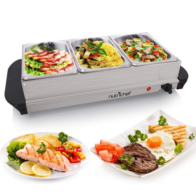 NutriChef NutriChef Hot Plate Food Warmer Buffet Server Chafing Dish Set Portable Stainless Steel Electric Warming Tray Features 3 Section 15 Quart Serving Containers with Lids AC Powered PKBFWM21  - Image 1