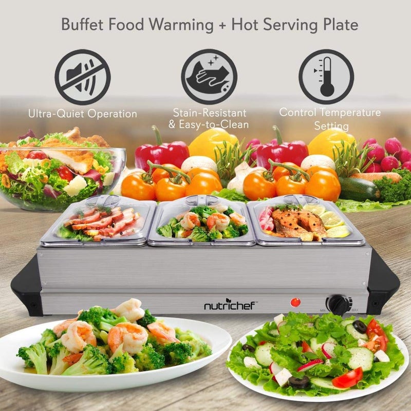 NutriChef NutriChef Hot Plate Food Warmer Buffet Server Chafing Dish Set Portable Stainless Steel Electric Warming Tray Features 3 Section 15 Quart Serving Containers with Lids AC Powered PKBFWM21  - Image 4