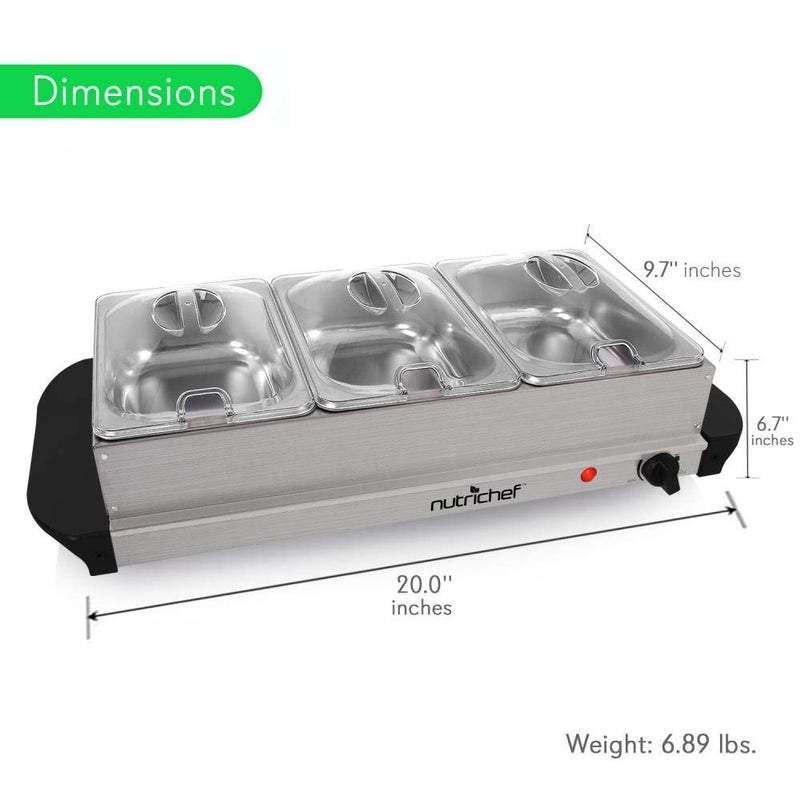 NutriChef NutriChef Hot Plate Food Warmer Buffet Server Chafing Dish Set Portable Stainless Steel Electric Warming Tray Features 3 Section 15 Quart Serving Containers with Lids AC Powered PKBFWM21  - Image 3