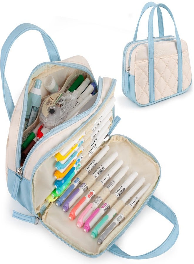 Bunnychill 2 Compartment Pencil Case For Girls,Zipper Pencil Bag With Handle, Large Capacity quilting Pencil Pouch Organizer Aesthetic, Womens Soft Pencil Box Marker Pouch For Middle School Office College - Image 1