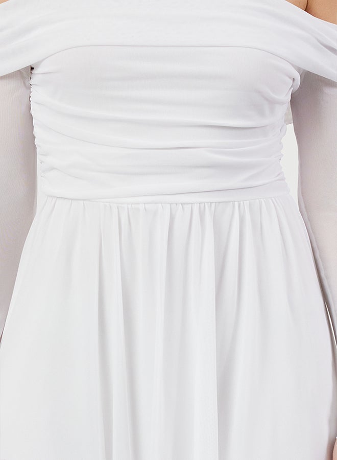 trendyol White A-Cut Carmen Neckline Knitted Tulle Long Evening Evening Dress TPRSS24AE00068  - Image 4