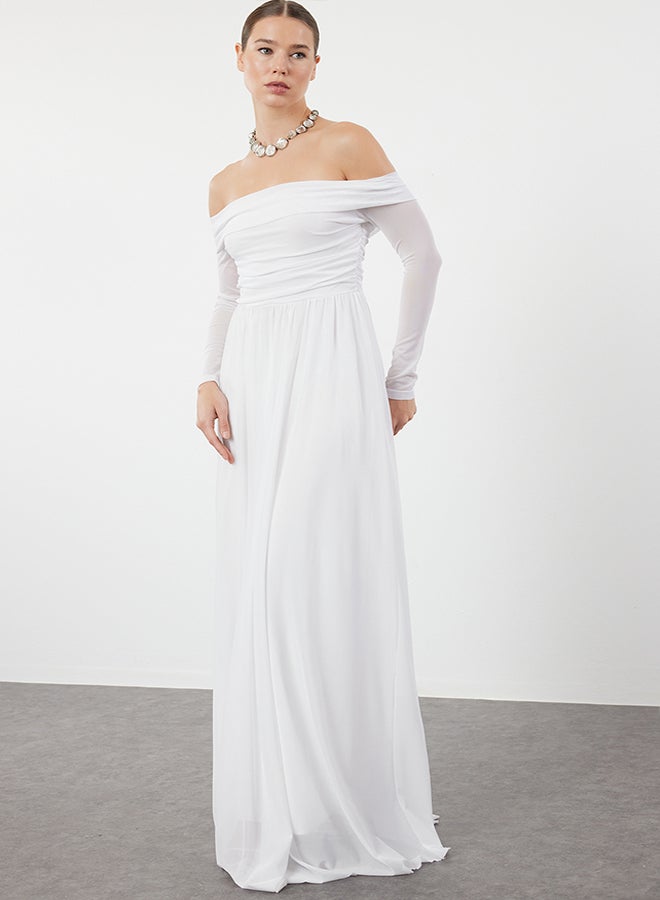 trendyol White A-Cut Carmen Neckline Knitted Tulle Long Evening Evening Dress TPRSS24AE00068  - Image 2