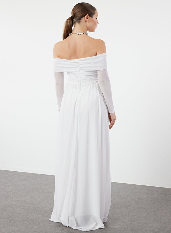 trendyol White A-Cut Carmen Neckline Knitted Tulle Long Evening Evening Dress TPRSS24AE00068  - Image 5