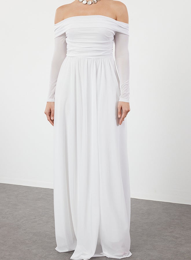 trendyol White A-Cut Carmen Neckline Knitted Tulle Long Evening Evening Dress TPRSS24AE00068  - Image 3