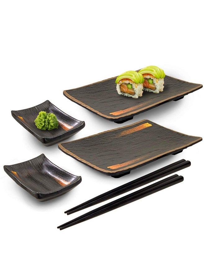 Happy Sales Happy Sales HSMSP-GLDBRU, Japanese Style 6 Piece Perfect Sushi Set for Two Melamine Sushi Plates Sauce Dish and Chopsticks Dinnerware Set, Gold Brush  - Image 1
