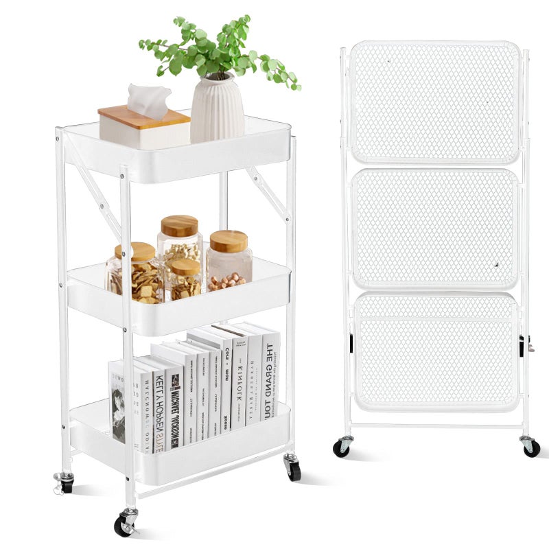 Genaric SKY-TOUCH 3 Tier Foldable Metal Rolling Utility Cart Organizer, Multipurpose Organizer Trolley With Casters For Kitchen, Bedroom, Bathroom, Office, Laundry Room And Garage White^46X30X76cm