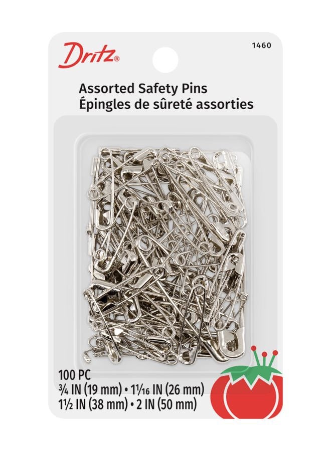 Dritz 1460 Safety Pins, Nickel Plated Steel, Assorted Sizes (100-Count) - Image 1