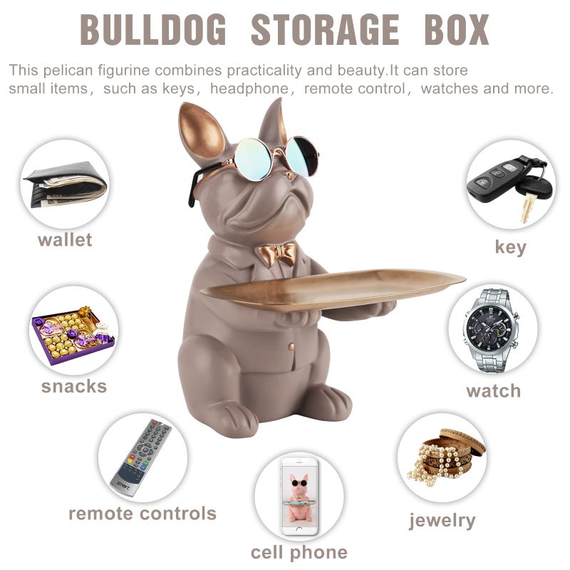 suruim Resin Bulldog Tray Statue Storage Key Holder Candy Jewelry Earrings Tray Piggy Bank Tray Suitable for Home Decor Modern Animal Sculpture Table Decor (Brown) - Image 2