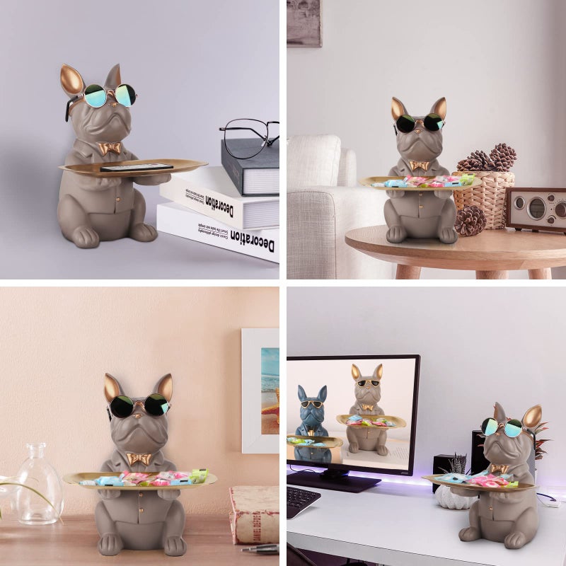 suruim Resin Bulldog Tray Statue Storage Key Holder Candy Jewelry Earrings Tray Piggy Bank Tray Suitable for Home Decor Modern Animal Sculpture Table Decor (Brown) - Image 5