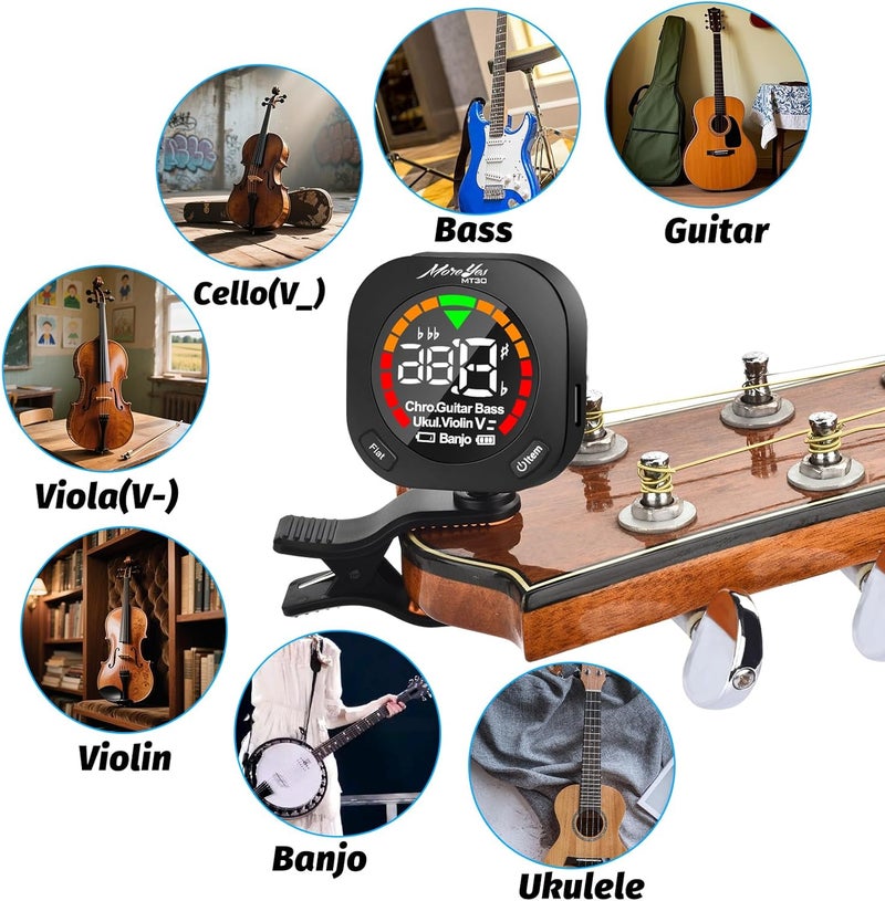 MOREYES Rechargeable Guitar Tuner Clip on Chromatic, Guitar, Bass, Violin, Ukulele Include Guitar Capo and Guitar Picks and Holder - Image 4