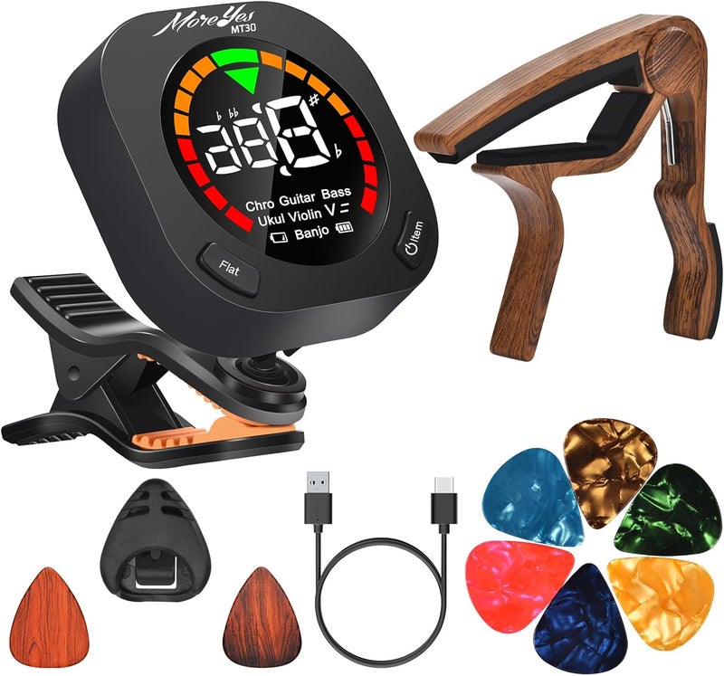 MOREYES Rechargeable Guitar Tuner Clip on Chromatic, Guitar, Bass, Violin, Ukulele Include Guitar Capo and Guitar Picks and Holder - Image 1
