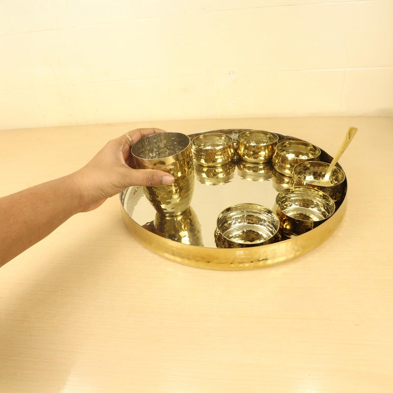 Spillbox Stainless Steel Gold Plated Dinner Thali Set of 9 Pieces|Tableware Set|Dinnerware|Serving Thali Set|Bowls Glass and Spoons- Dinner Thali Set (Hammered) - Image 2