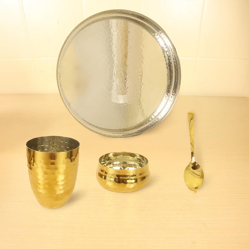 Spillbox Stainless Steel Gold Plated Dinner Thali Set of 9 Pieces|Tableware Set|Dinnerware|Serving Thali Set|Bowls Glass and Spoons- Dinner Thali Set (Hammered) - Image 3