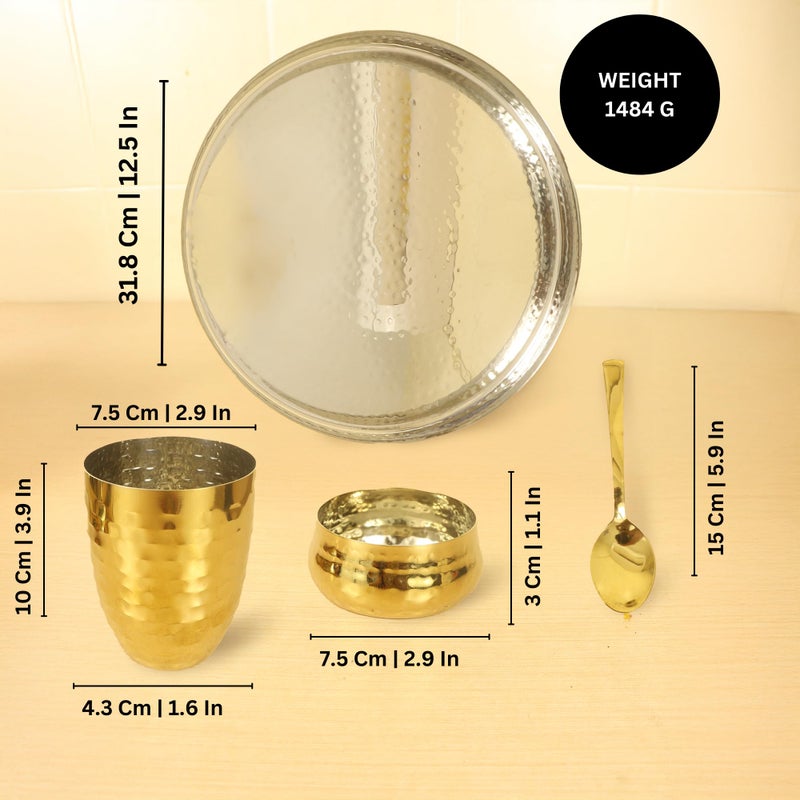 Spillbox Stainless Steel Gold Plated Dinner Thali Set of 9 Pieces|Tableware Set|Dinnerware|Serving Thali Set|Bowls Glass and Spoons- Dinner Thali Set (Hammered) - Image 4