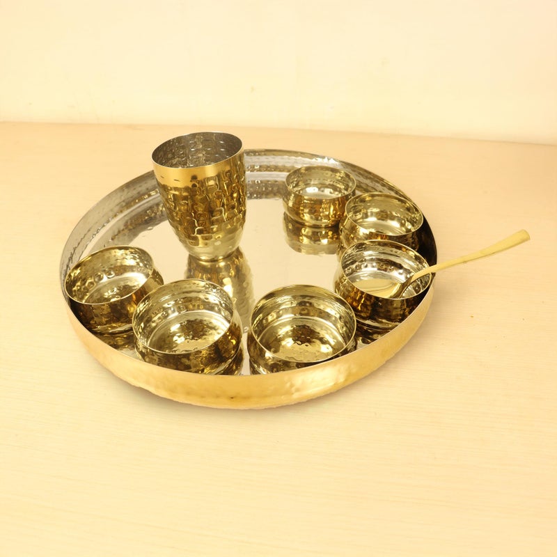 Spillbox Stainless Steel Gold Plated Dinner Thali Set of 9 Pieces|Tableware Set|Dinnerware|Serving Thali Set|Bowls Glass and Spoons- Dinner Thali Set (Hammered) - Image 1