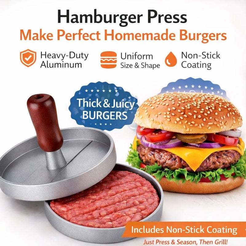 Manual Burger Press, Aluminum Burger Press, Non-Stick Coating and Wooden Handle, 12cm Diameter, for Forming Meat Patties Uniform Size - Image 2