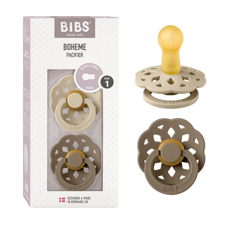 BIBS Pacifiers Boheme Collection BPAFree Baby Pacifier Made in Denmark Set of 2 VanillaDark Oak Color Premium Soothers Size 06 Months