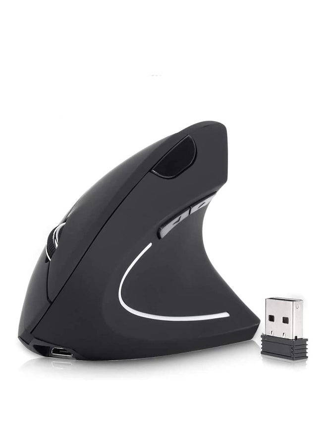 ماوس لاسلكي قابل لإعادة الشحن بتصميم مريح، ماوس عمودي بصري 2.4G USB مع 3 مستويات DPI قابلة للتعديل 800/1200/1600، 6 أزرار لجهاز الكمبيوتر، اللابتوب، الـ PC، ماك بوك (أسود) - Image 1