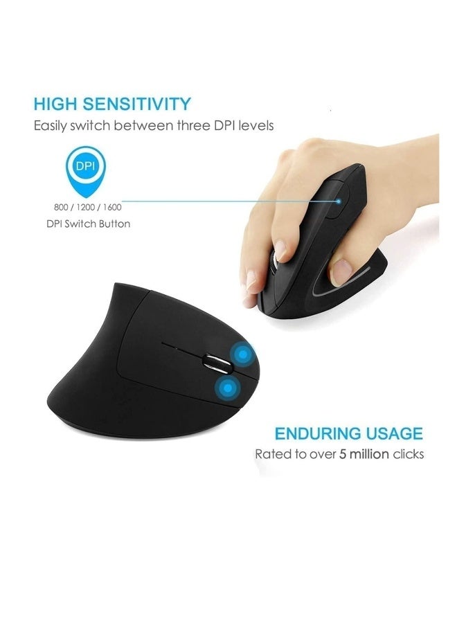 ماوس لاسلكي قابل لإعادة الشحن بتصميم مريح، ماوس عمودي بصري 2.4G USB مع 3 مستويات DPI قابلة للتعديل 800/1200/1600، 6 أزرار لجهاز الكمبيوتر، اللابتوب، الـ PC، ماك بوك (أسود) - Image 2