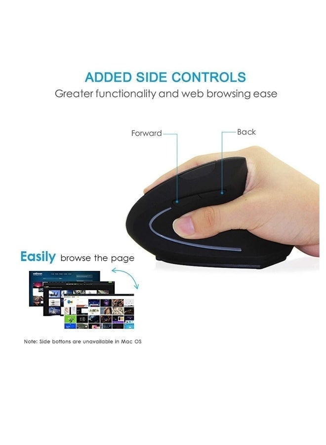 ماوس لاسلكي قابل لإعادة الشحن بتصميم مريح، ماوس عمودي بصري 2.4G USB مع 3 مستويات DPI قابلة للتعديل 800/1200/1600، 6 أزرار لجهاز الكمبيوتر، اللابتوب، الـ PC، ماك بوك (أسود) - Image 3
