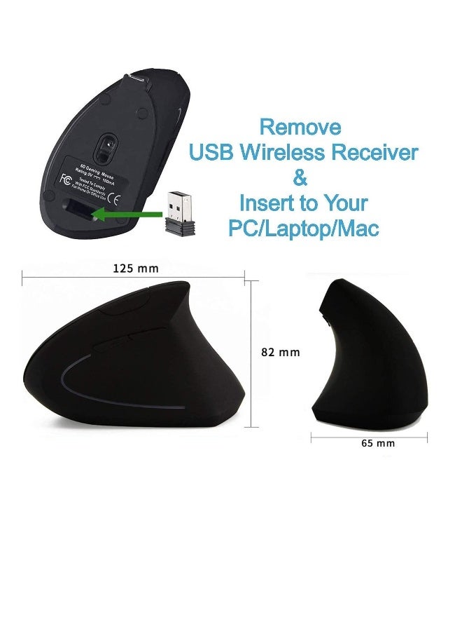 ماوس لاسلكي قابل لإعادة الشحن بتصميم مريح، ماوس عمودي بصري 2.4G USB مع 3 مستويات DPI قابلة للتعديل 800/1200/1600، 6 أزرار لجهاز الكمبيوتر، اللابتوب، الـ PC، ماك بوك (أسود) - Image 4