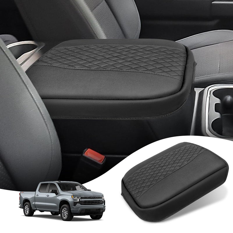 Rilsen Car Center Console Cover for Chevy Silverado GMC Sierra 20192025 Tahoe Suburban Yukon 20212025 Bucket Seat PU Armrest Cover Center Console Pad Interior Accessories AntiScratch Black
