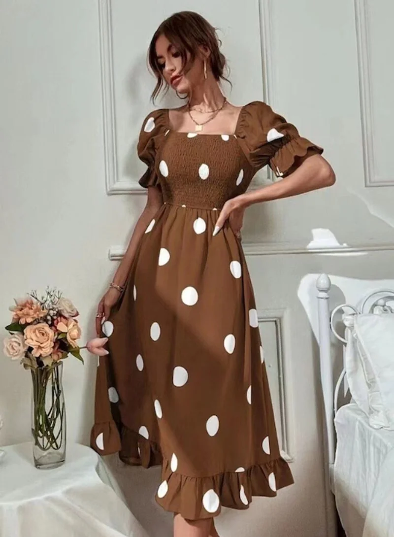 يونيكي Brown Polka Dot Printed Fit & Flare Midi Dress
