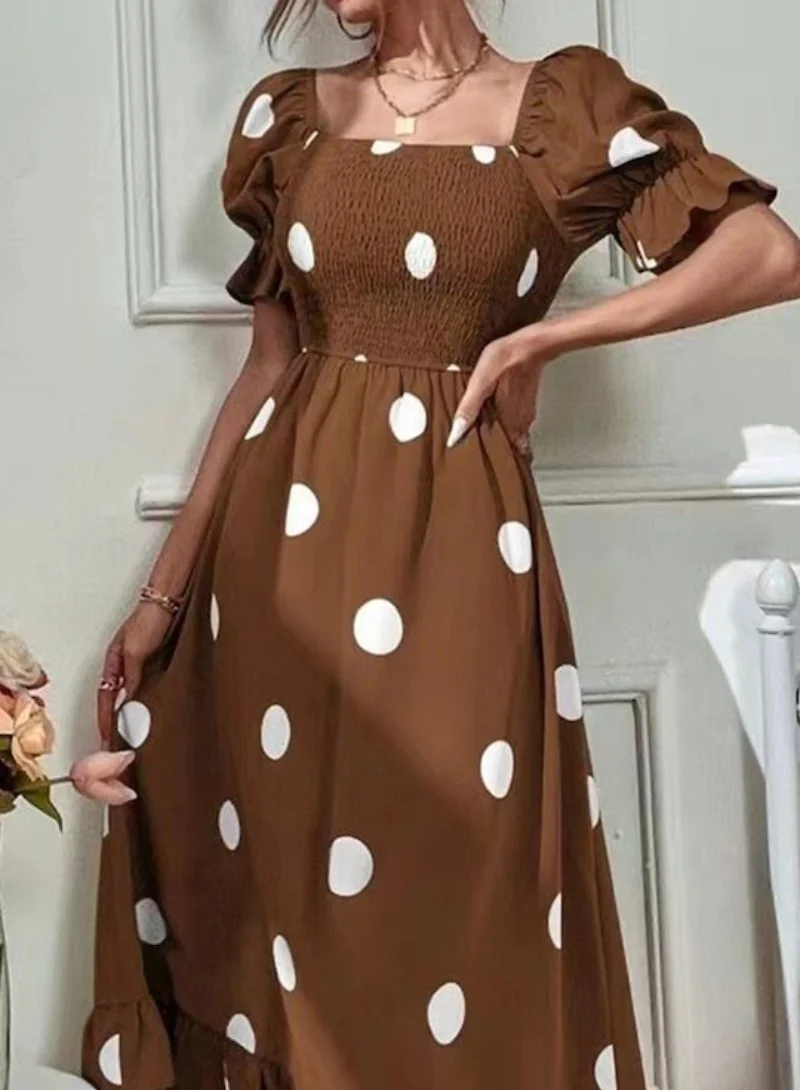 يونيكي Brown Polka Dot Printed Fit & Flare Midi Dress