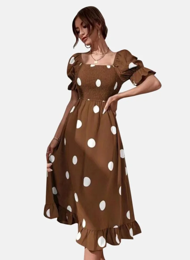 يونيكي Brown Polka Dot Printed Fit & Flare Midi Dress