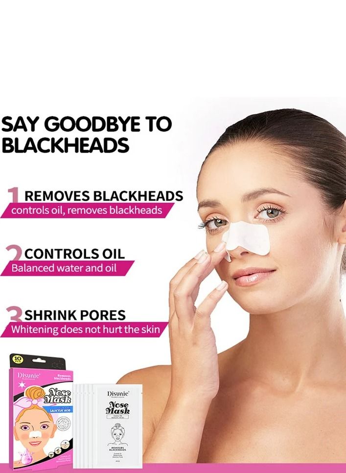 Disunie قناع الأنف بزيت الجوجوبا وحمض الساليسيليك، شرائط إزالة الرؤوس السوداء المتقدمة، شرائط تنظيف الأنف العميقة مع شرائط خالية من الزيوت لتنظيف المسام على الفور، 10 قطع - Image 3