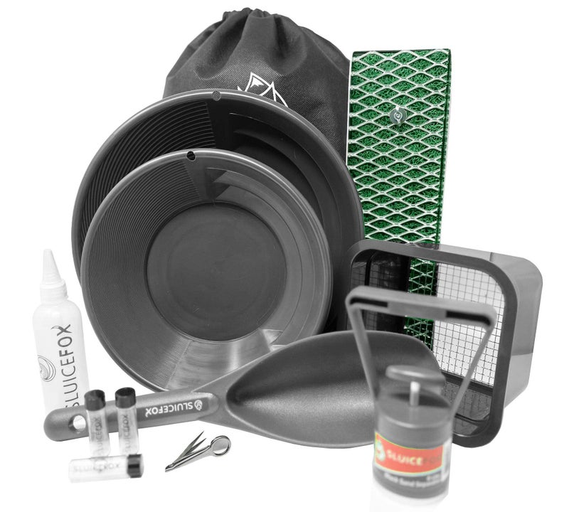 Sluice Fox Compact Gold Prospecting Kit with 12" Pocket Sluice Box – Includes Miner’s Moss, Gold Trap Mat, Classifier Pan, Vials, and Tote Backpack Black - Image 1