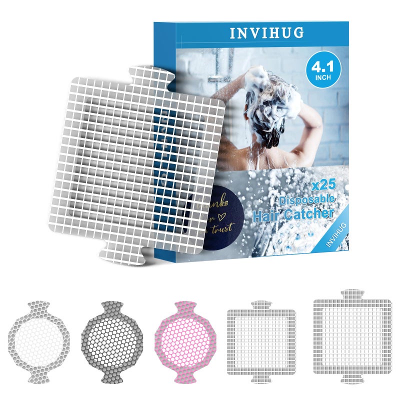 INVIHUG,25 Pack, Disposable Shower Drain Hair Catcher Mesh Stickers,Disposable Hair Drain Catcher. (4.1inch Square) - Image 1