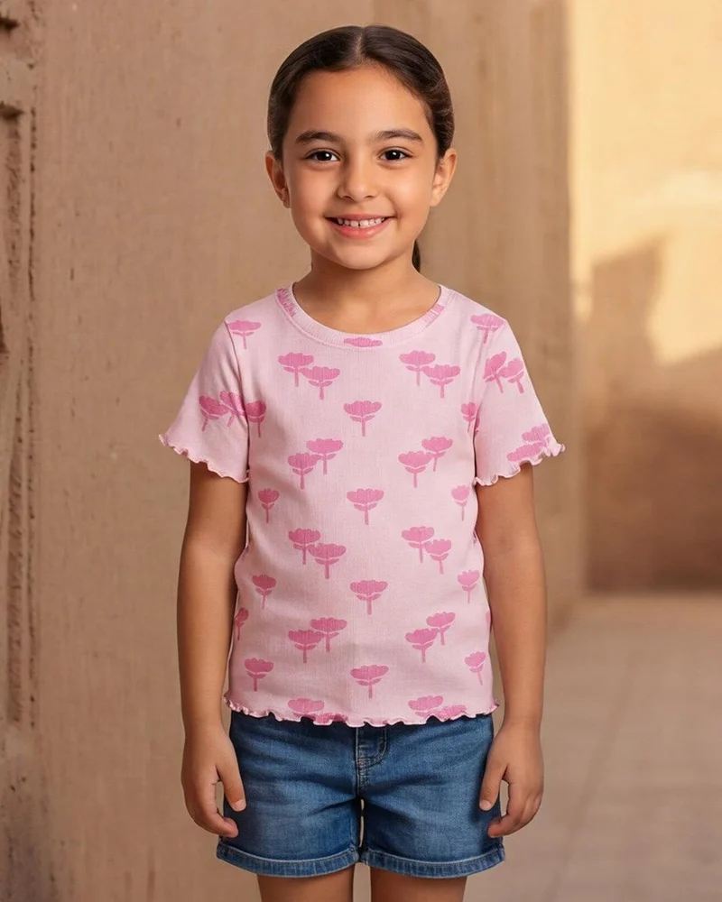 Redtag Girls Beige Cherry Allover Print Rib T-Shirt with Frill Details