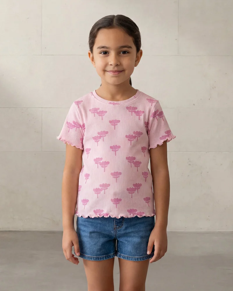 Redtag Girls Beige Cherry Allover Print Rib T-Shirt with Frill Details