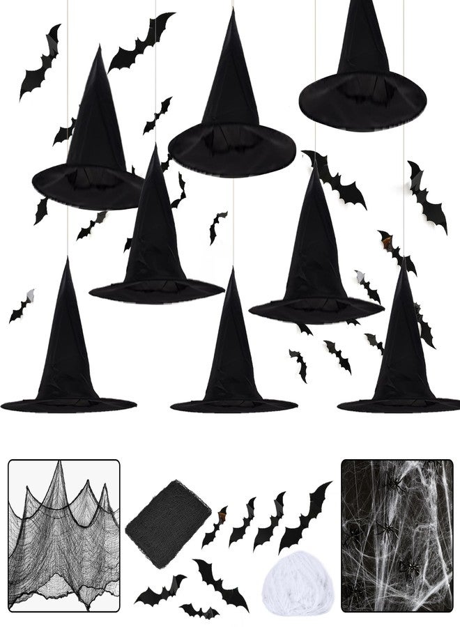 LINAYE Halloween Witches Hat XL Kit - 8 PCS Black Witch Hats with Hanging Rope,16 PCS 3D Bat,Spider Web,Creepy Cloth Halloween Hanging Decoration Decor Wizard Hats - Image 1