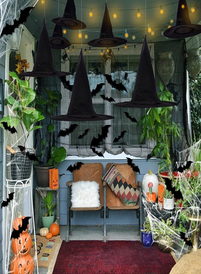 LINAYE Halloween Witches Hat XL Kit - 8 PCS Black Witch Hats with Hanging Rope,16 PCS 3D Bat,Spider Web,Creepy Cloth Halloween Hanging Decoration Decor Wizard Hats - Image 2