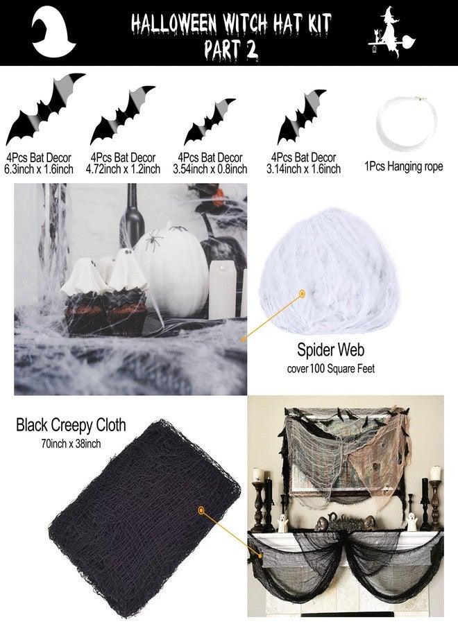 LINAYE Halloween Witches Hat XL Kit - 8 PCS Black Witch Hats with Hanging Rope,16 PCS 3D Bat,Spider Web,Creepy Cloth Halloween Hanging Decoration Decor Wizard Hats - Image 4