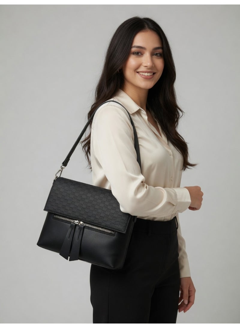 Elegant Woven Shoulder Bag for Women – Classic Style with Modern Comfort - Black - Image 4